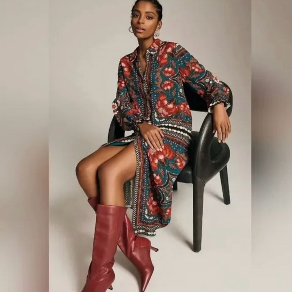 Farm Rio Anthropologie Patchwork Button-down Shirt Dress Size Large  NWT